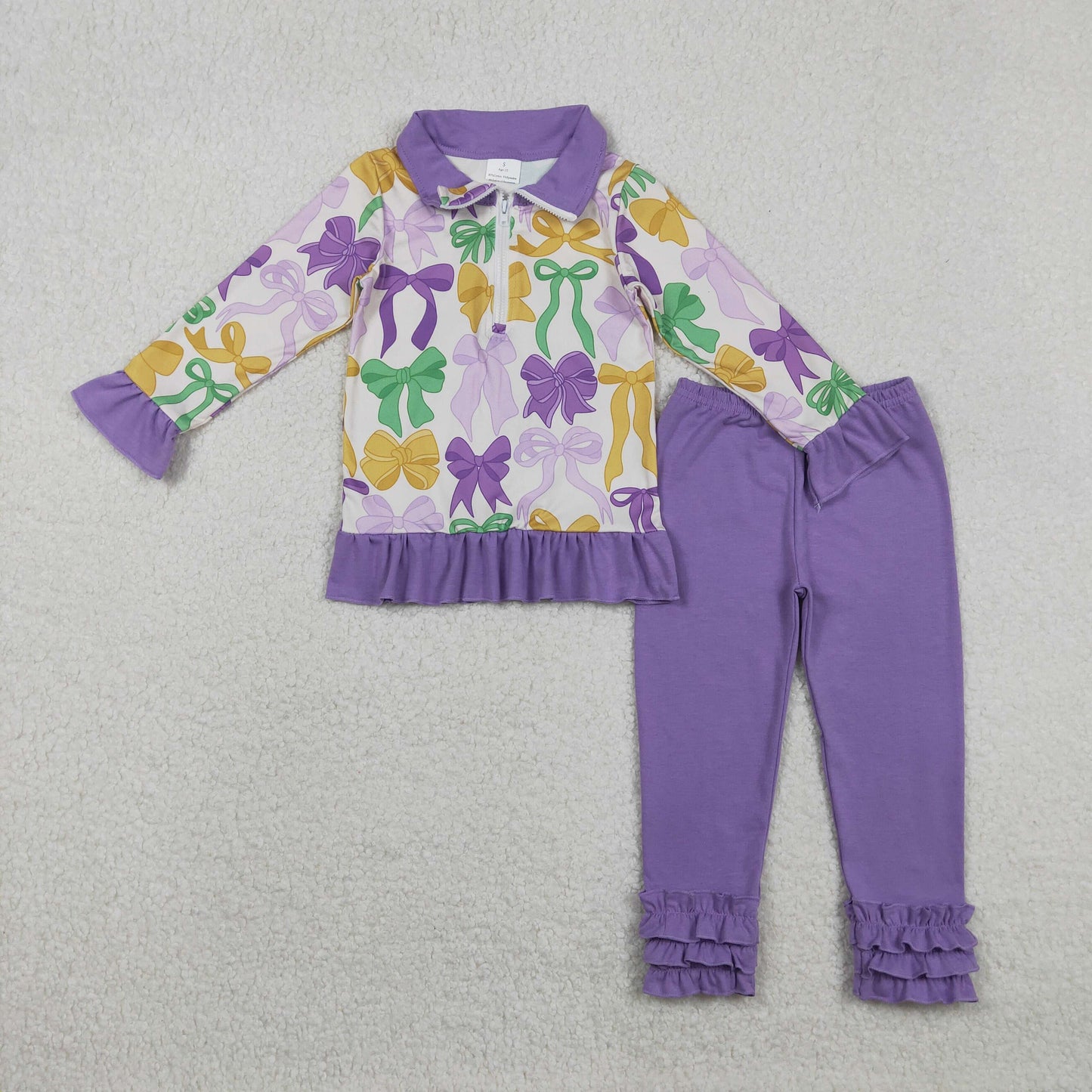 GLP2823 Colorful Bows Zipper Pullover Top Purple Pants Girls Mardi Gras Clothes Set
