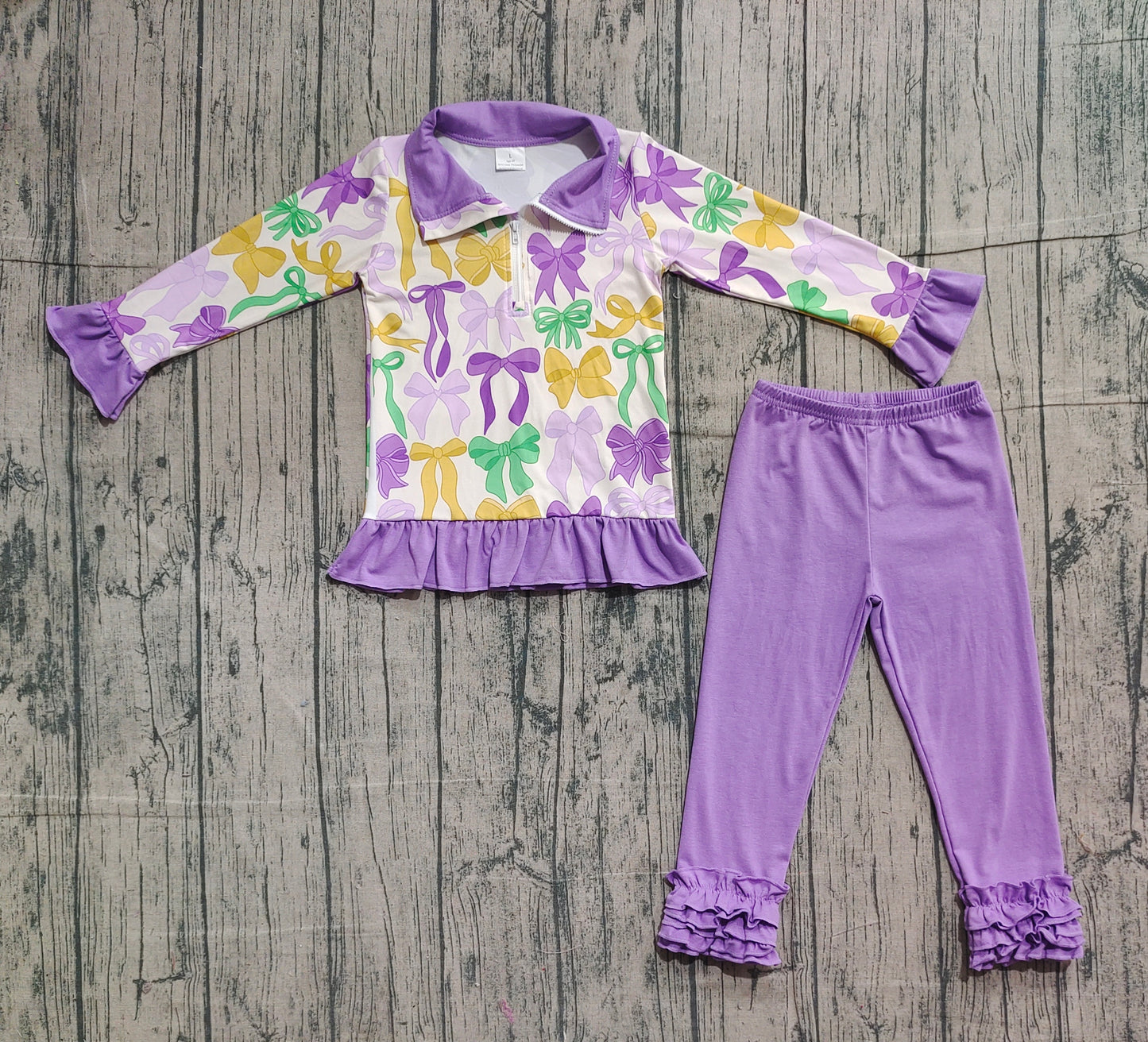 (Pre-order)GLP2823 Colorful Bows Zipper Pullover Top Purple Pants Girls Mardi Gras Clothes Set