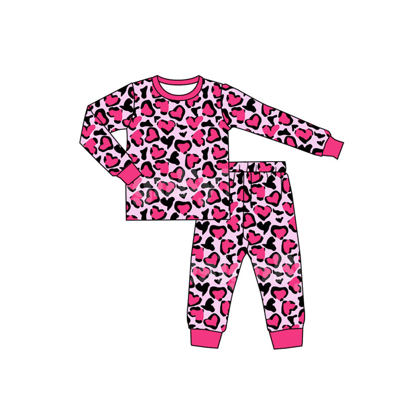 (Pre-order)GLP2825 Pink Heart Leopard Print Girls Valentine's Day Pajamas Clothes Set