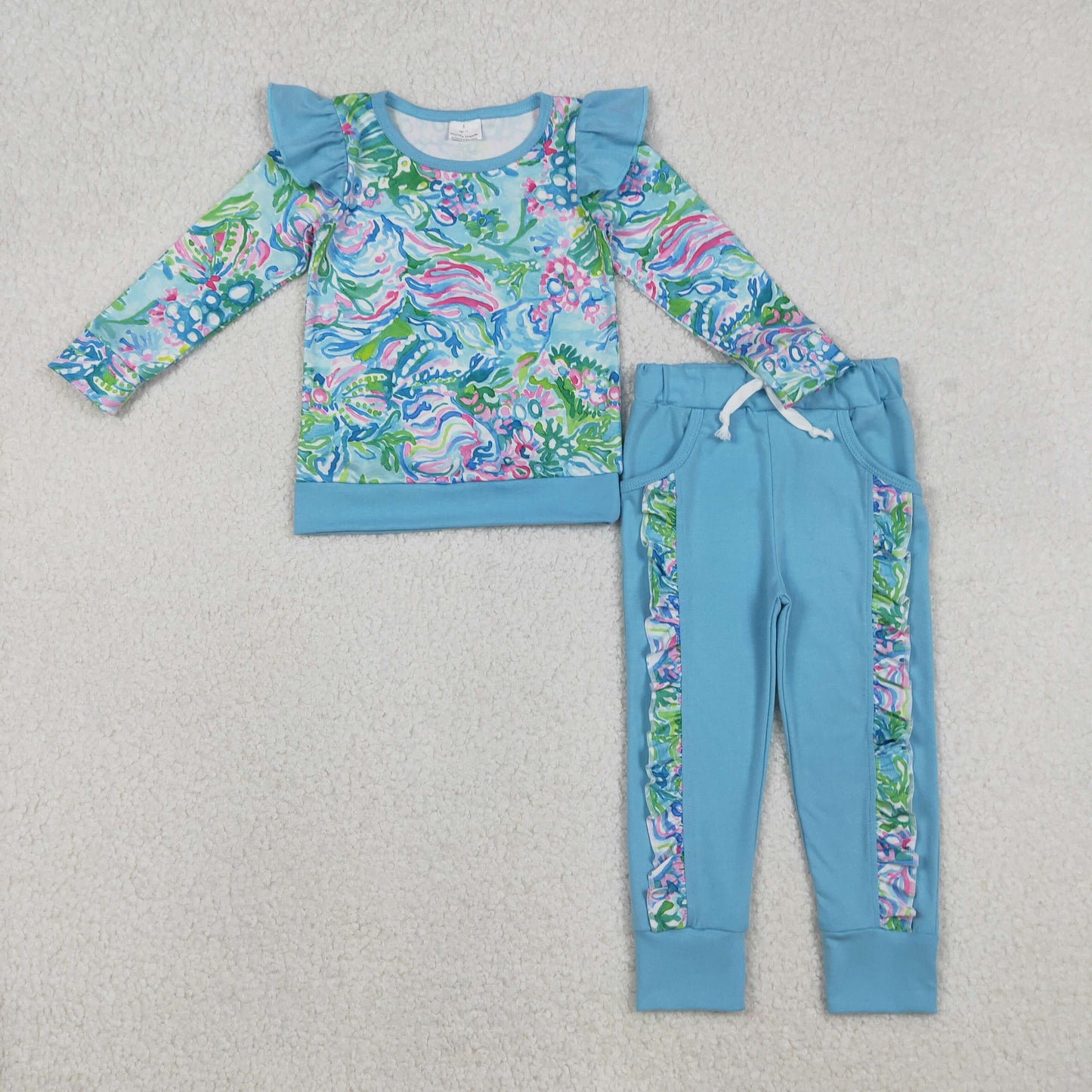 GLP2832 Seaweed Flowers Blue Top Ruffle Pants Girls Clothes Set