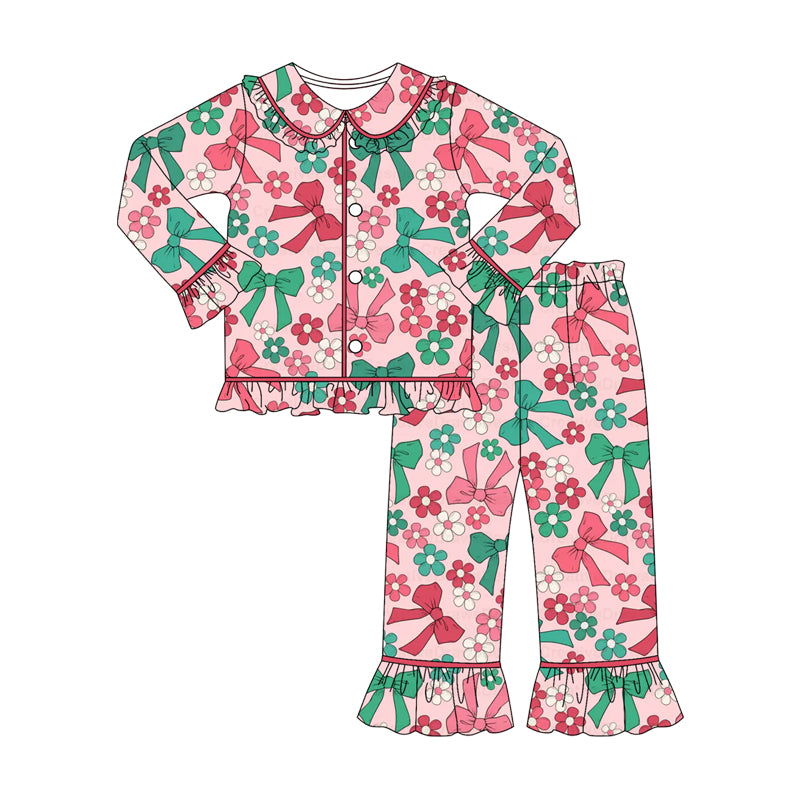 (Pre-order)GLP2834 Green Red Bows Flowers Print Girls Christmas Pajamas Clothes Set