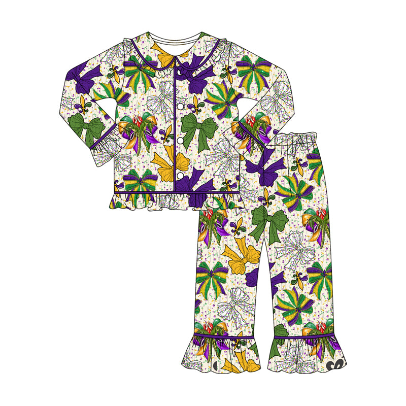 (Pre-order)GLP2835 Crayfish Bows Print Girls Mardi Gras Pajamas Clothes Set