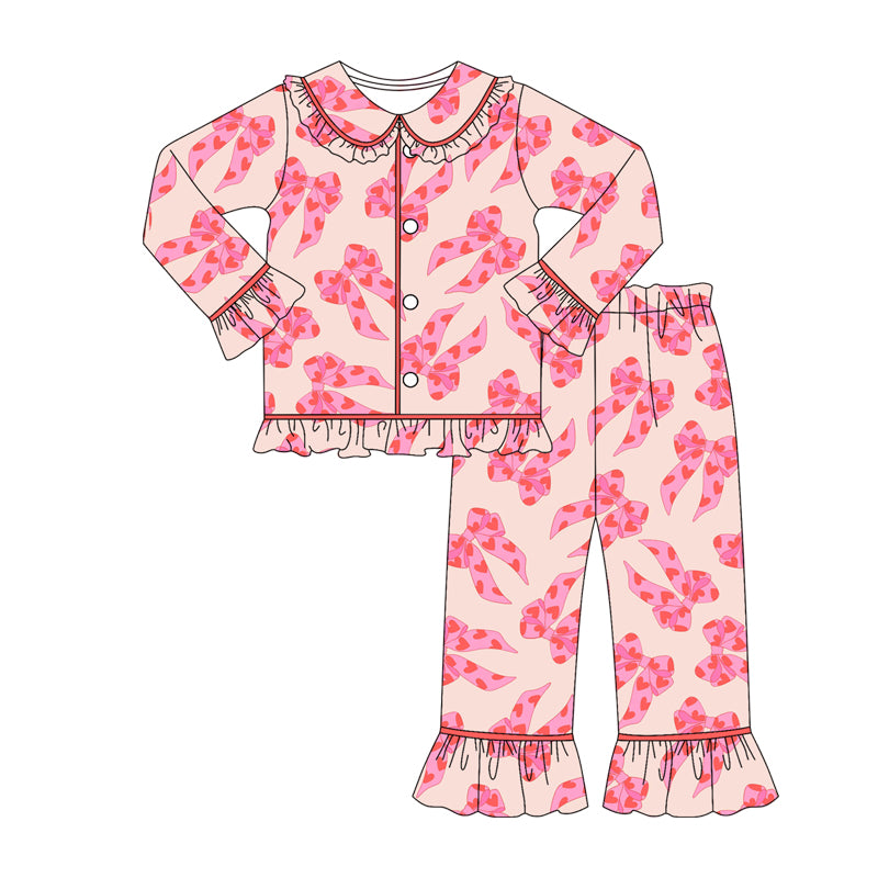 (Pre-order)GLP2837 Heart Bows Pink Print Girls Valentine's Day Pajamas Clothes Set
