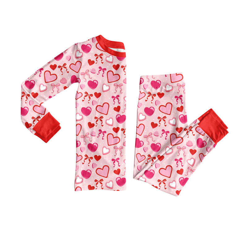 (Pre-order)GLP2841 Pink Heart Bows Print Girls Valentine's Day Pajamas Clothes Set
