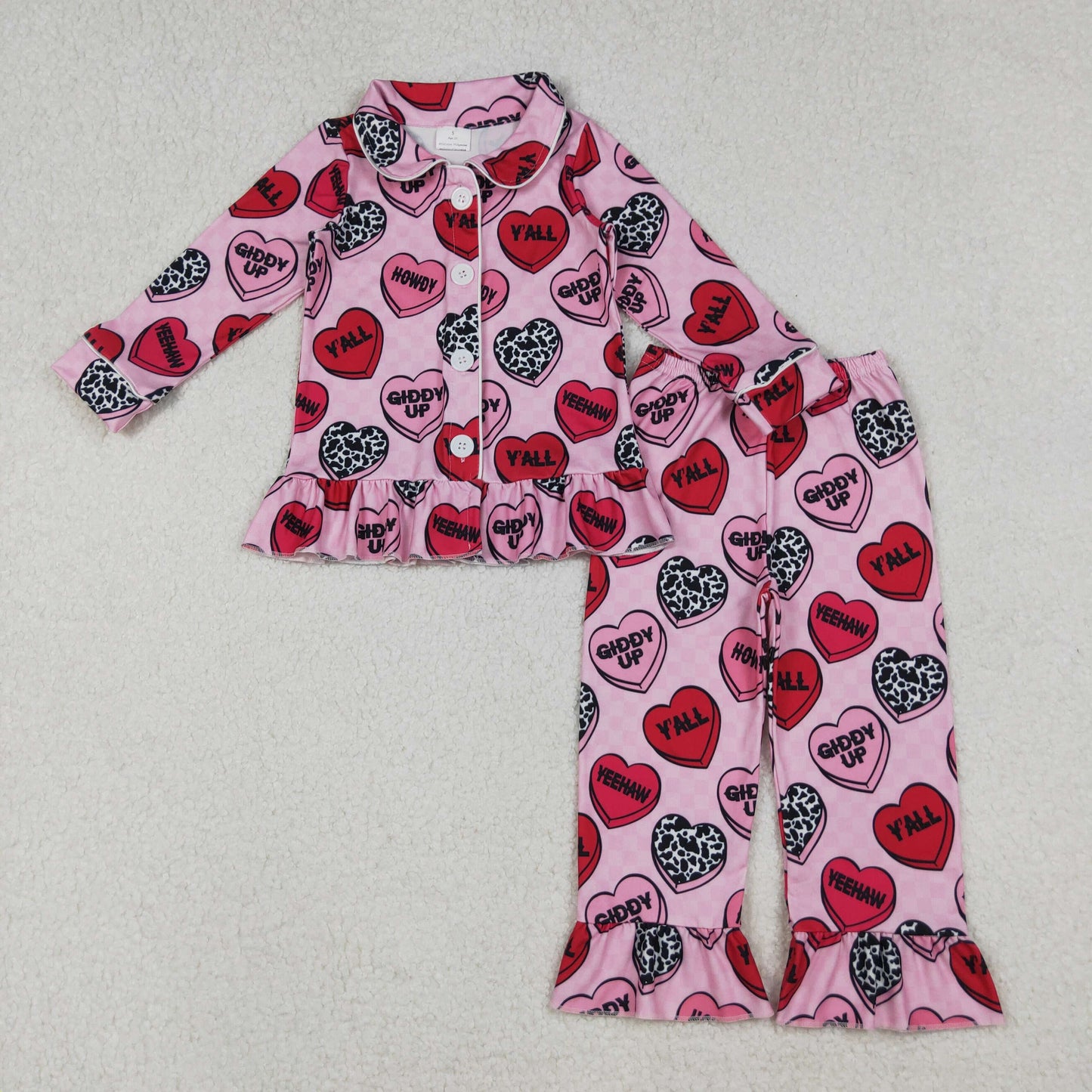 GLP2843 Heart Y'all Pink Print Girls Valentine's Day Buttons Pajamas Clothes Set