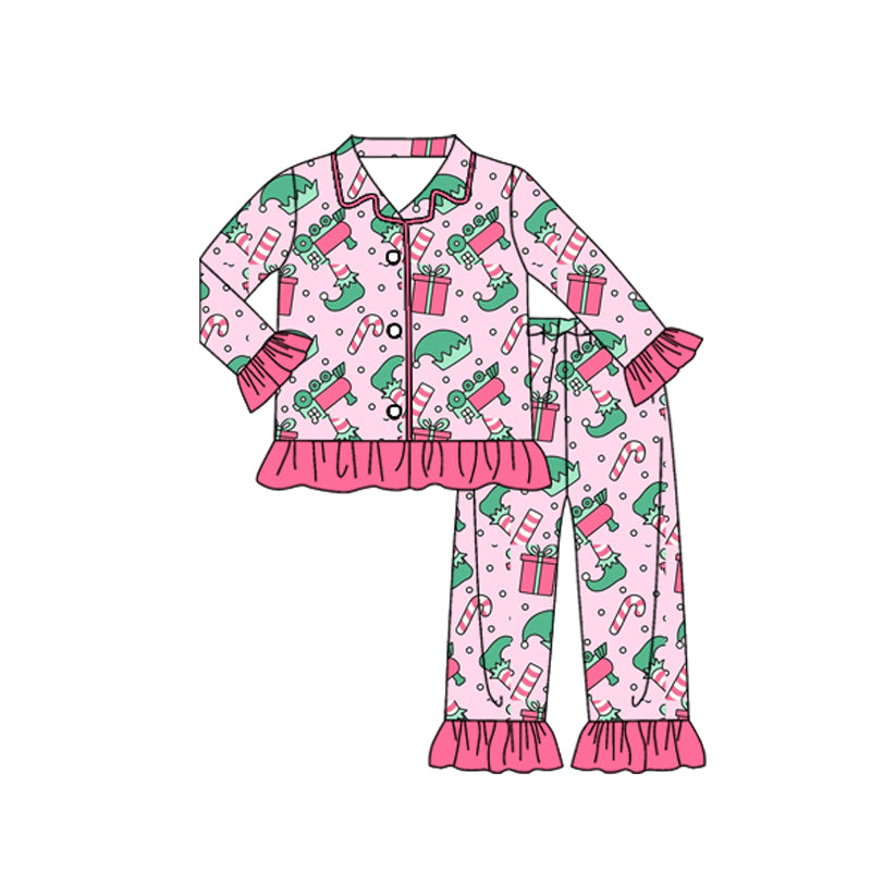 (Pre-order)GLP2844 Cartoon Shelf Candy Cane Pink Print Girls Christmas Pajamas Clothes Set