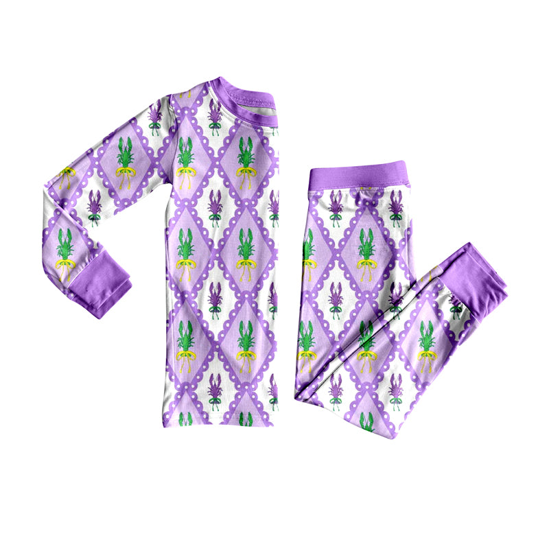 (Pre-order)GLP2845 Crayfish Purple Print Girls Mardi Gras Pajamas Clothes Set