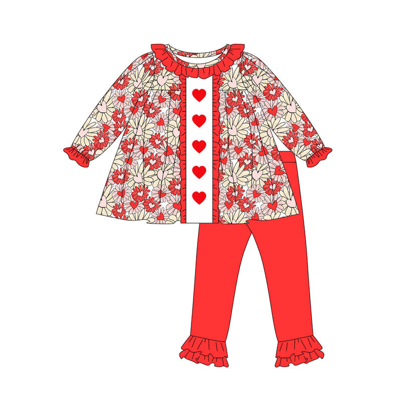 (Pre-order)GLP2847 Heart Flowers Tunic Top Red Pants Girls Valentine's Day Clothes Set