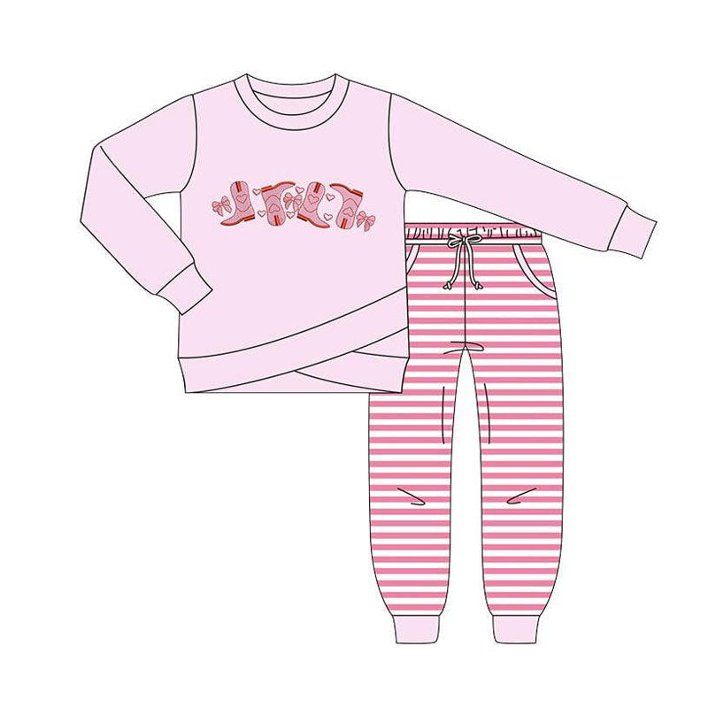 (Pre-order)GLP2851 Heart Boots Pink Top Pockets Stripes Pants Girls Valentine's Day Clothes Set