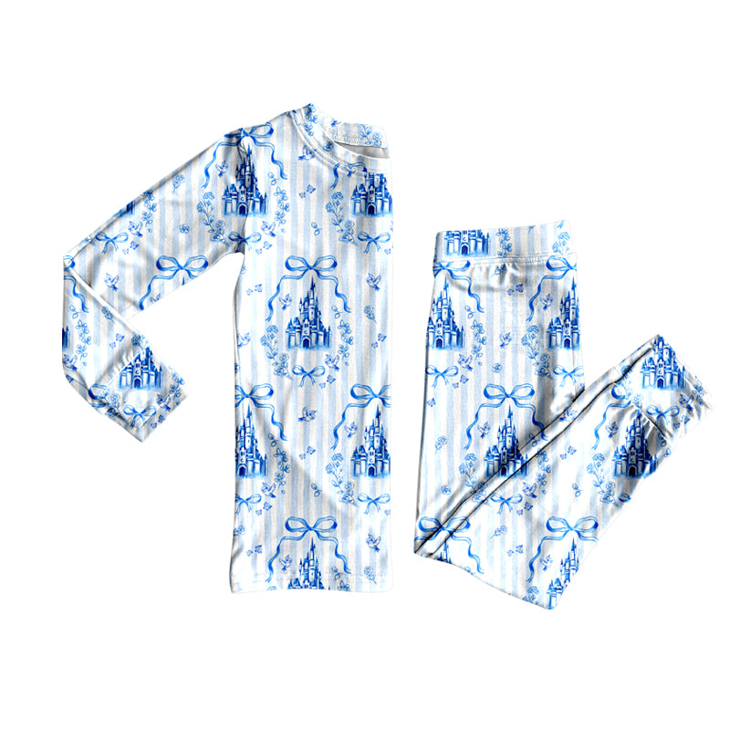 (Pre-order)GLP2852 Castle Bows Blue Print Girls Pajamas Clothes Set