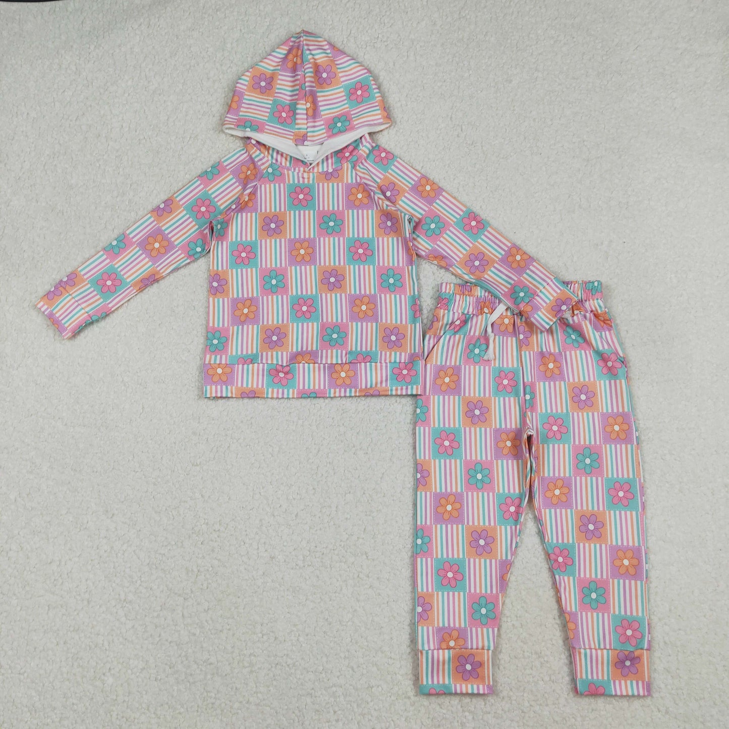 GLP2853 Flowers Stripes Hoodie Top Pockets Pants Girls Fall Clothes Set
