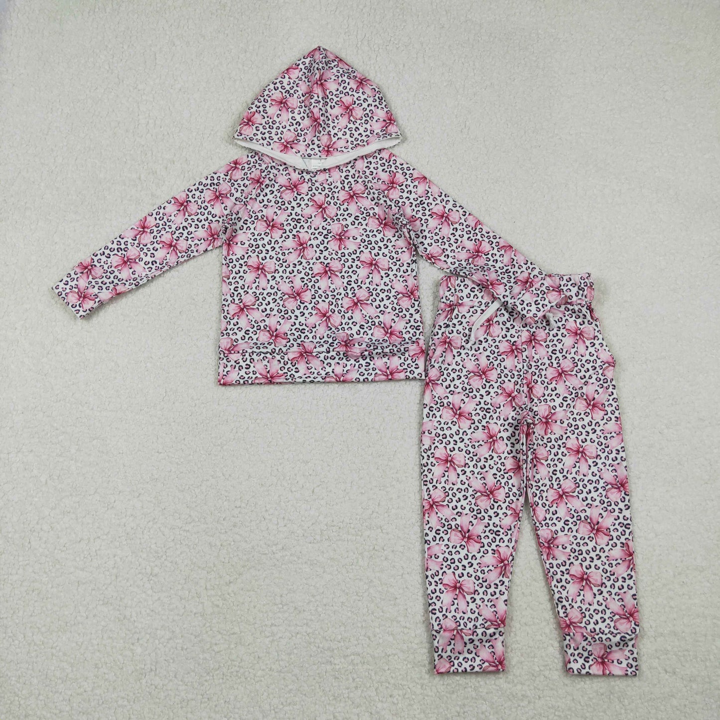 GLP2854 Pink Bows Leopard Hoodie Top Pockets Pants Girls Clothes Set