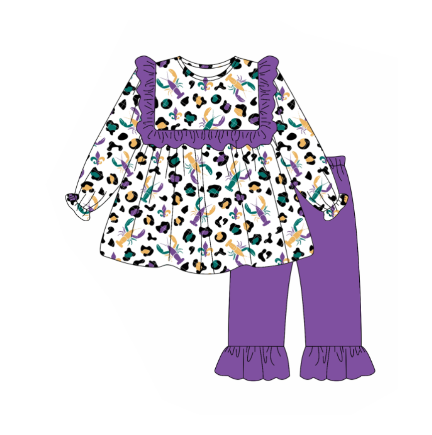 (Pre-order)GLP2855 Crayfish Leopard Tunic Top Purple Pants Girls Mardi Gras Clothes Set