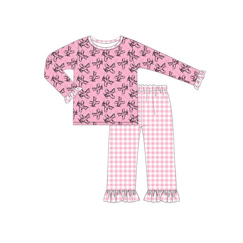 (Pre-order)GLP2858 Plane Top Pink Plaid Pants Girls Fall Clothes Set