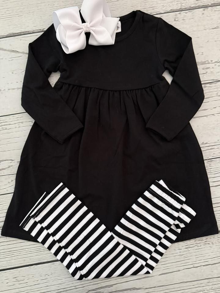 (Pre-order)GLP2867 Black Tunic Top Stripes Pants Girls Fall Clothes Set