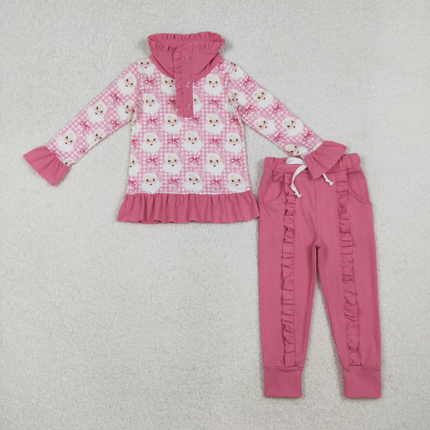 GLP2881 Santa Plaid Polo Top Pink Pants Girls Christmas Clothes Set