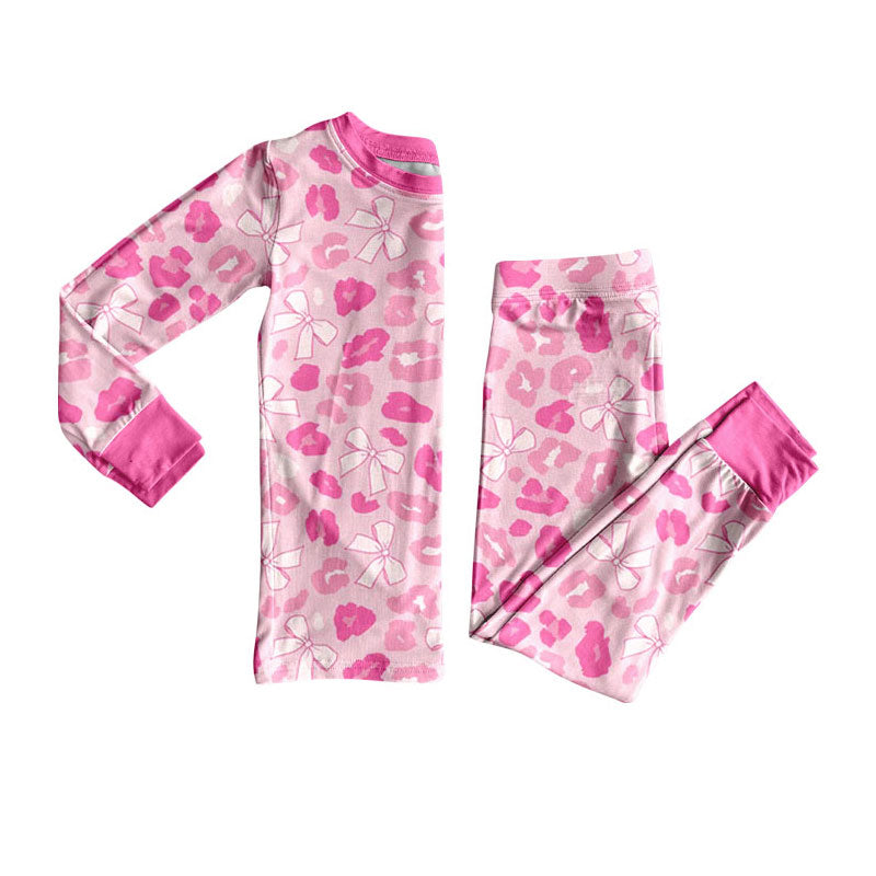 (Pre-order)GLP2882 Pink Leopard Bows Print Girls Pajamas Clothes Set
