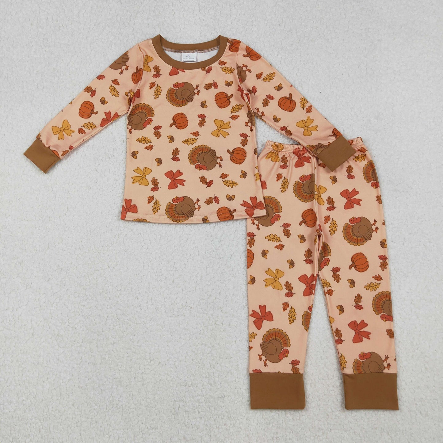 GLP2883 Turky Bows Print Girls Thanksgiving Pajamas Clothes Set