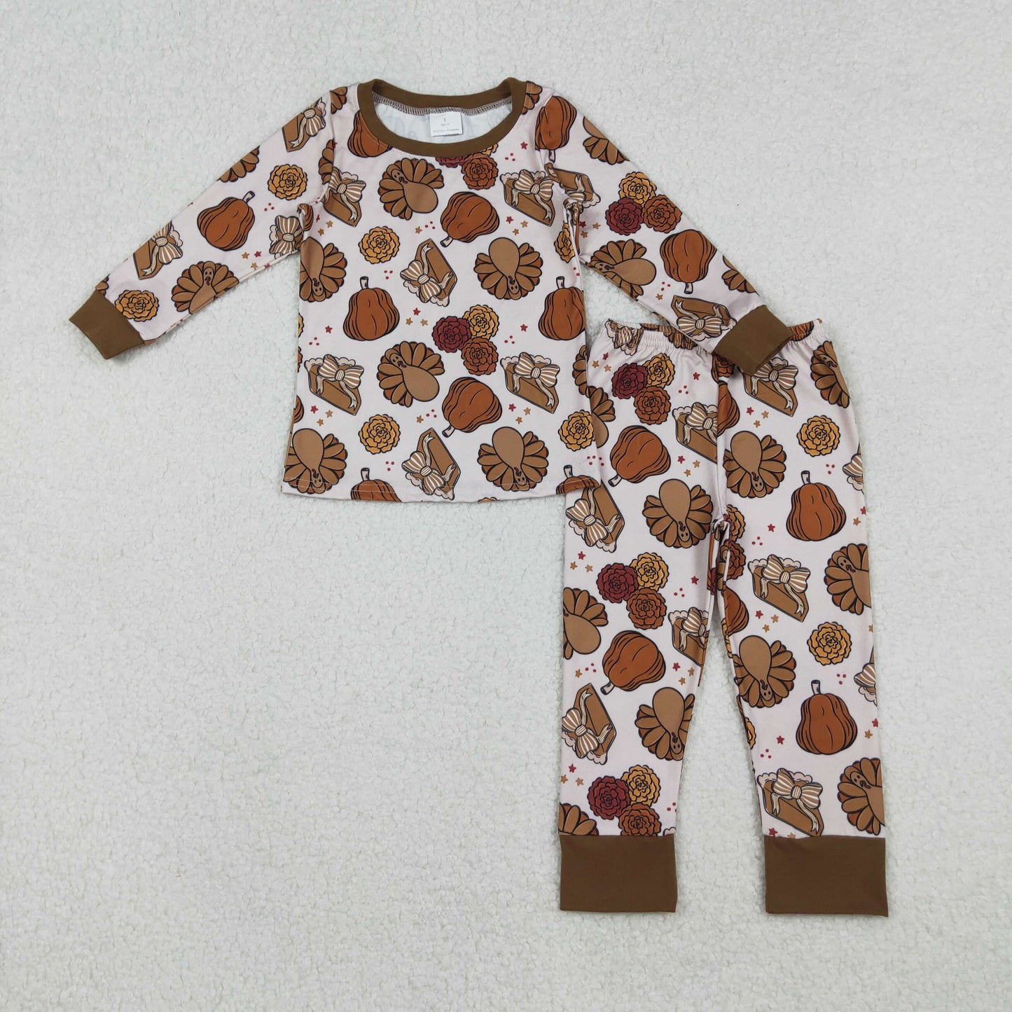 GLP2884 Pie Pumpkin Turky Print Girls Thanksgiving Pajamas Clothes Set