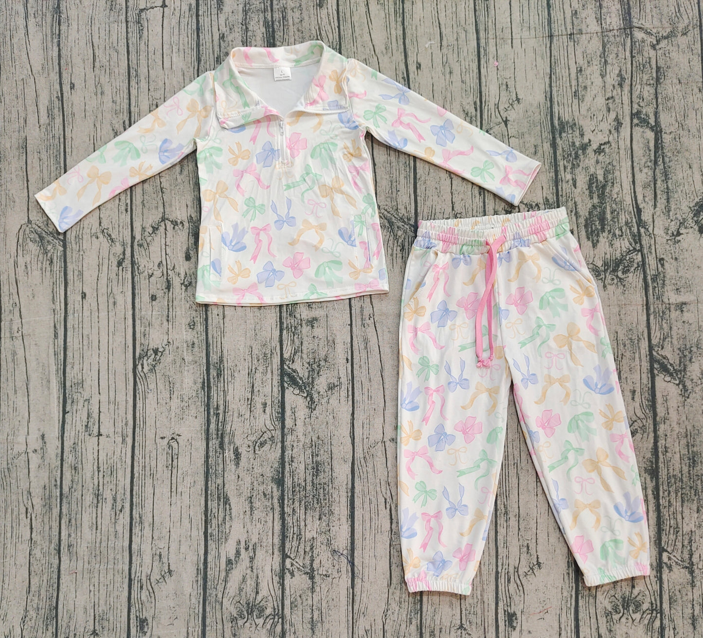 (Pre-order)GLP2886 Colorful Bows Zipper Top Pockets Joggers Girls Fall Clothes Set