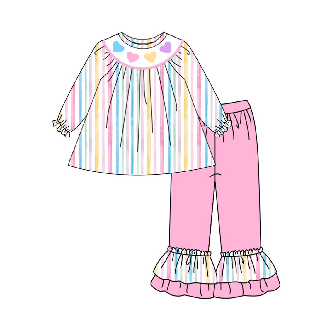 (Pre-order)GLP2887 Colorful Heart Stripes Tunic Top Pink Pants Girls Valentine's Day Clothes Set