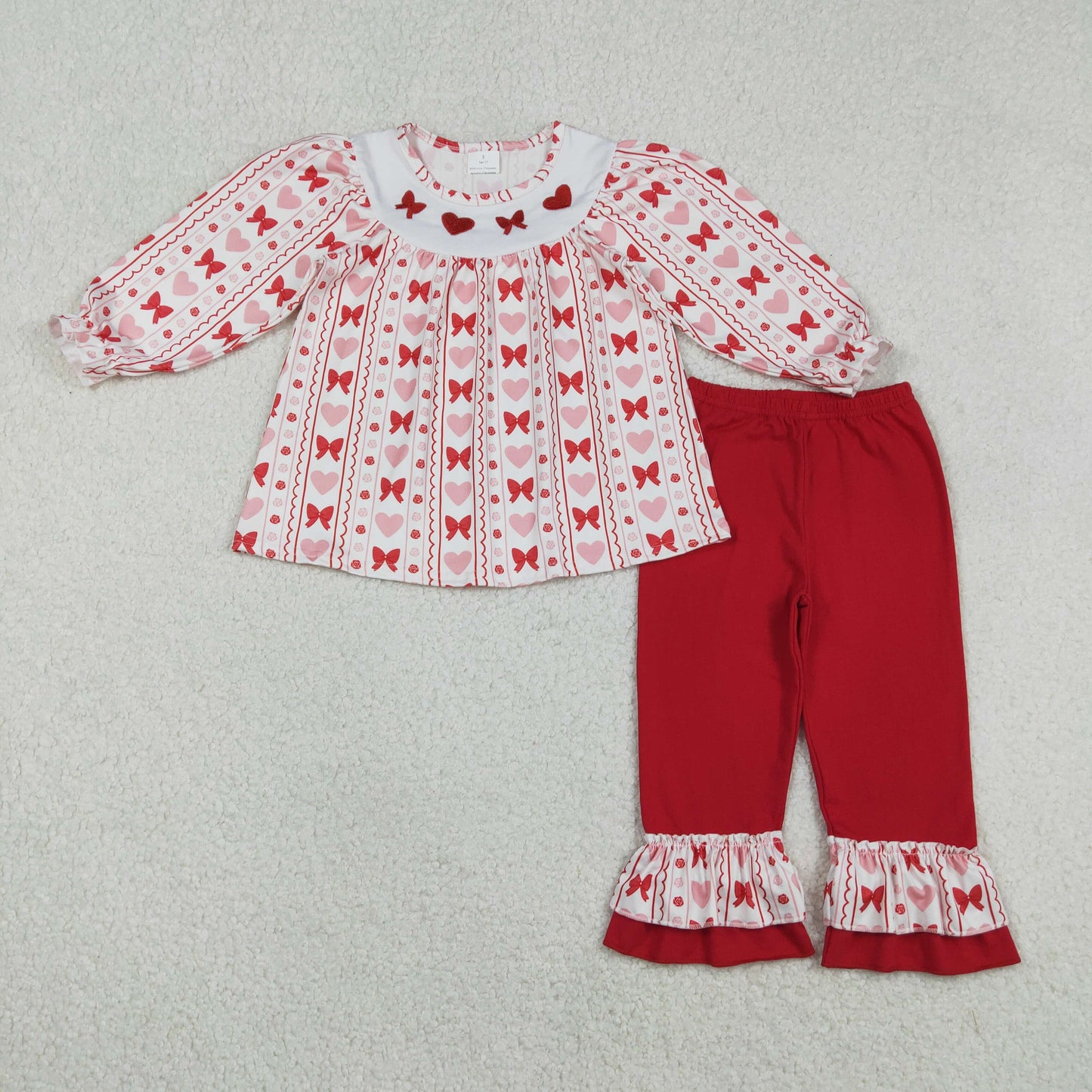 Hearts Embroidery Tunic Top Red Pants Girls Valentine's Day Clothes Set Sisters Wear
