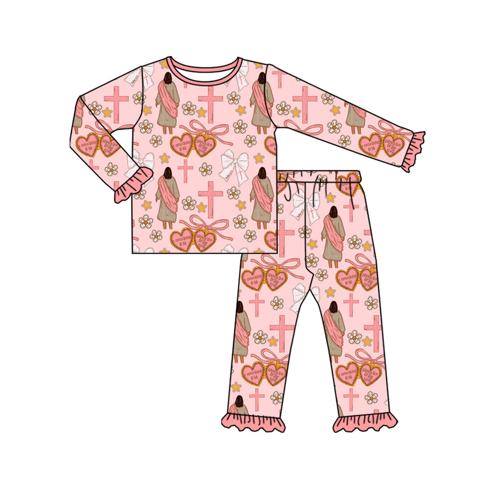 (Pre-order)GLP2889 Jesus Flowers Bows Cross Print Girls Easter Pajamas Clothes Set