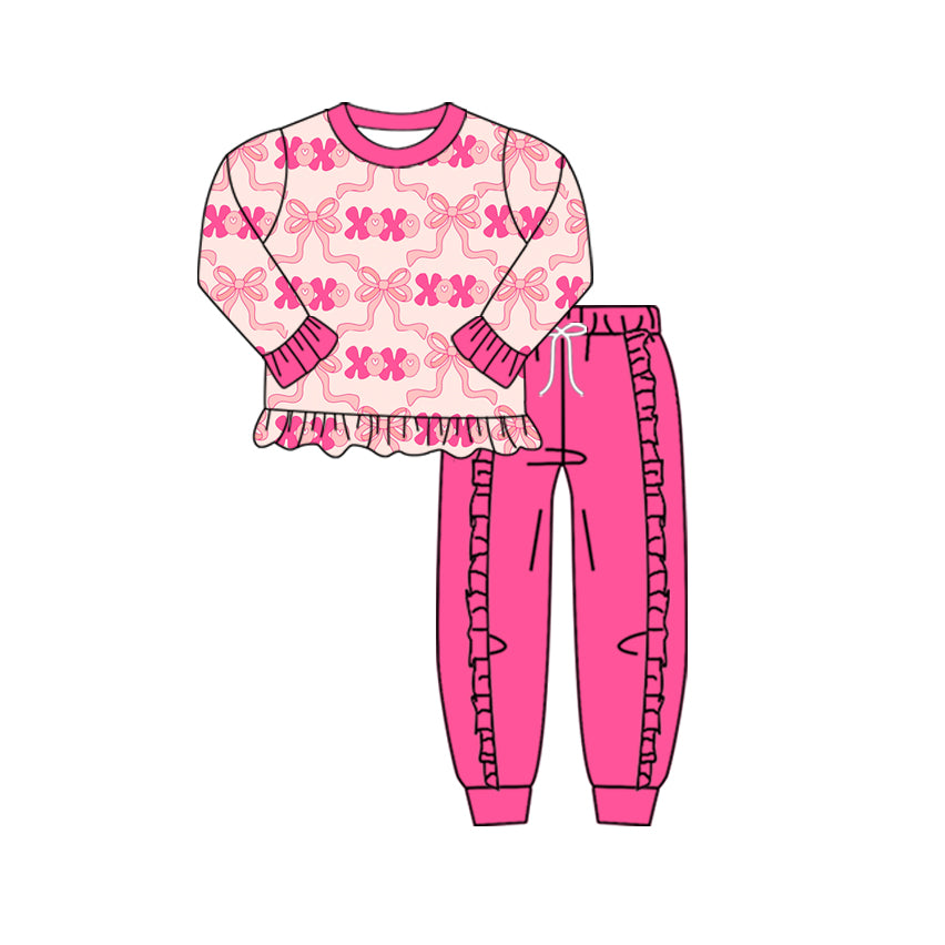 (Pre-order)GLP2892 XOXO Bows Top Hot Pink Pants Girls Valentine's Day Clothes Set