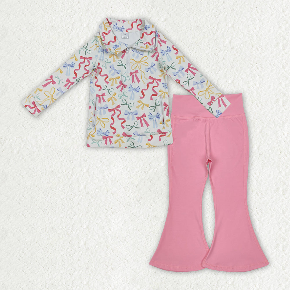 GLP2897 Colorful Bows Zipper Pullover Pockets Top Pink Bell Pants Girls Yoga Clothes Set