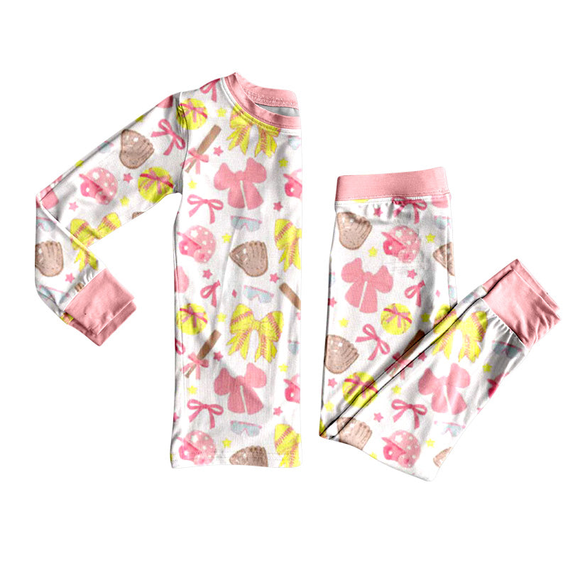 (Pre-order)GLP2905 Softball Bows Print Girls Pajamas Clothes Set
