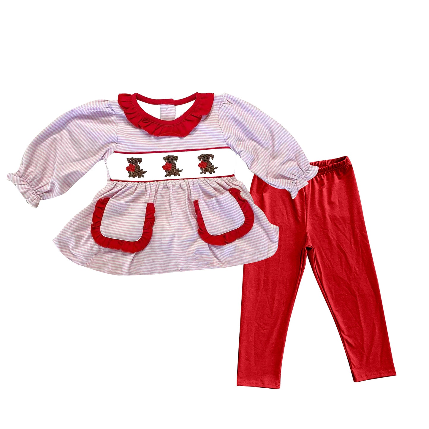 (Pre-order)GLP2907 Dog Heart Pockets Tunic Top Red Pants Girls Valentine's Day Clothes Set