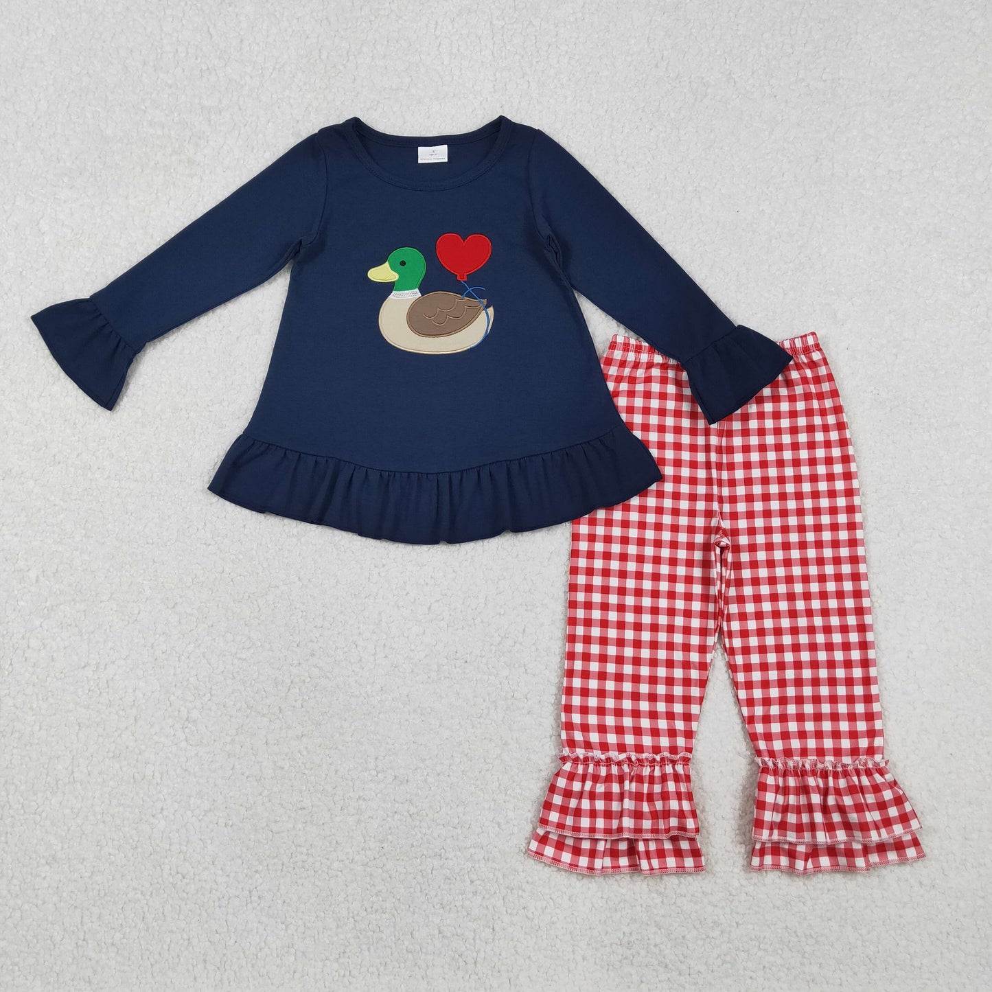 GLP2912 Duck Heart Embroidery Navy Tunic Top Red Plaid Pants Girls Valentine's Day Clothes Set