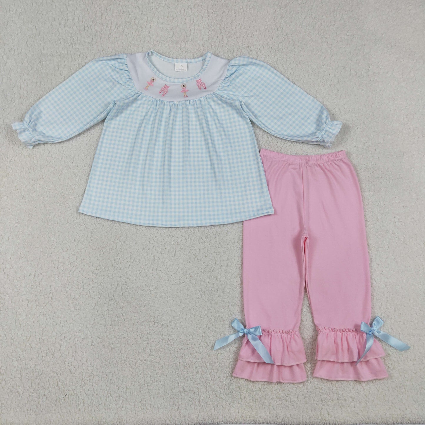 GLP2925 Dancer Shoes Embroidery Blue Plaid Tunic Top Pink Pants Girls Clothes Set
