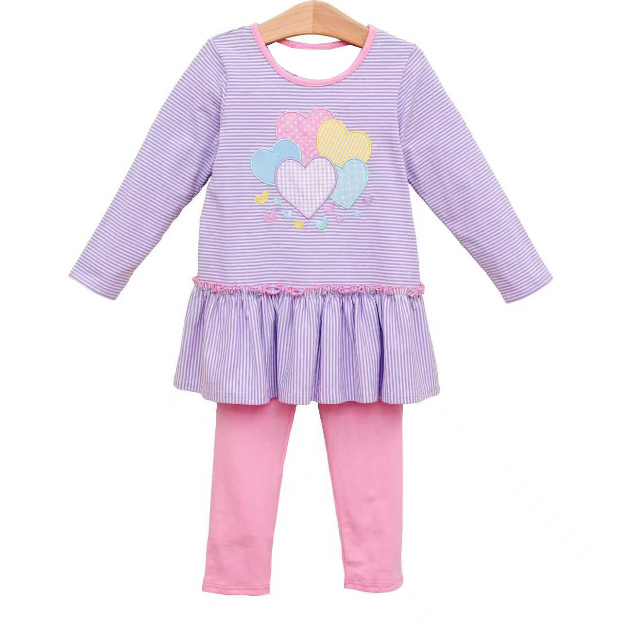 (Pre-order)GLP2928 Colorful Heart Stripes Tunic Top Pink Pants Girls Valentine's Day Clothes Set