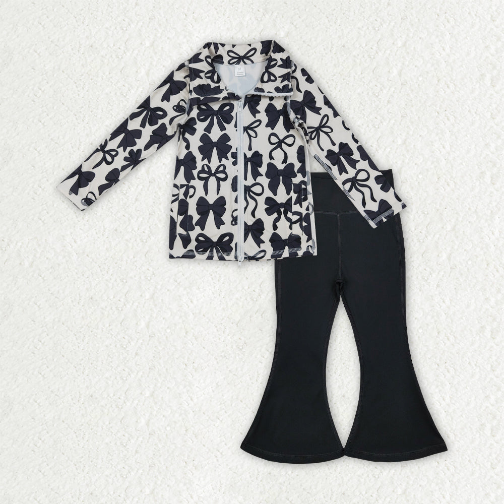 GLP2931 Bows Zipper Pullover Pockets Top Black Bell Pants Girls Yoga Clothes Set