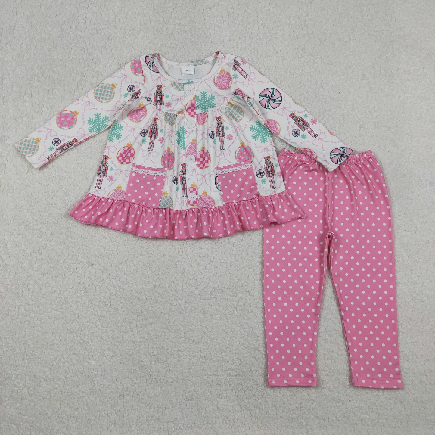 GLP2932 Soldiers Lights Candy Bows Pockets Tunic Top Dots Pants Girls Christmas Clothes Set