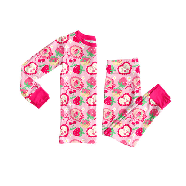 (Pre-order)GLP2933 Strawberry Cherry Heart Print Girls Valentine's Day Pajamas Clothes Set