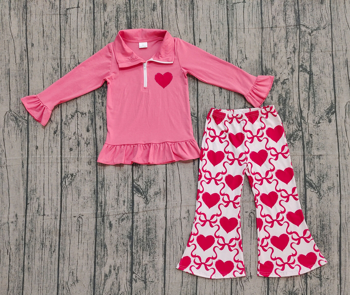 (Pre-order)GLP2935 Zipper Pullover Top Heart Bows Bell Pants Girls Valentine's Day Clothes Set
