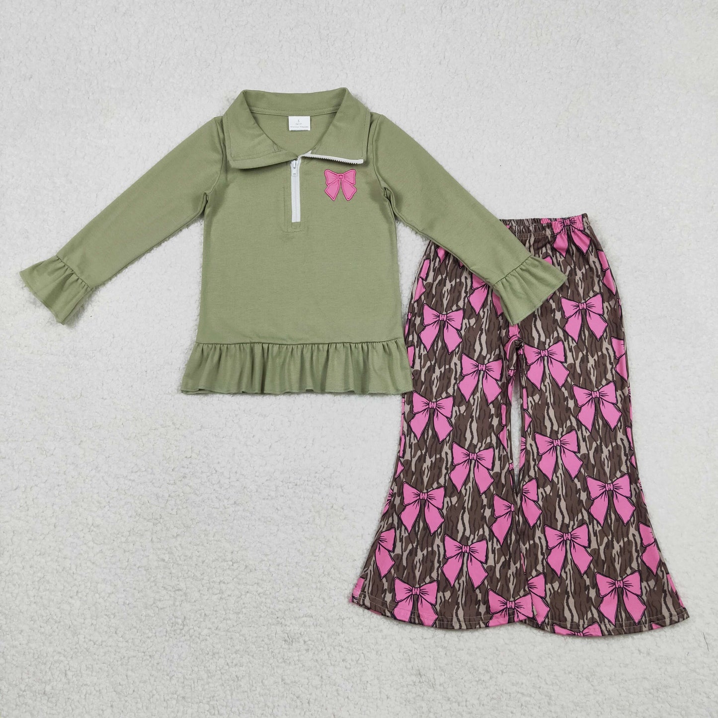 GLP2936 Bow Embroidery Green Top Camo Bell Pants Girls Clothes Set