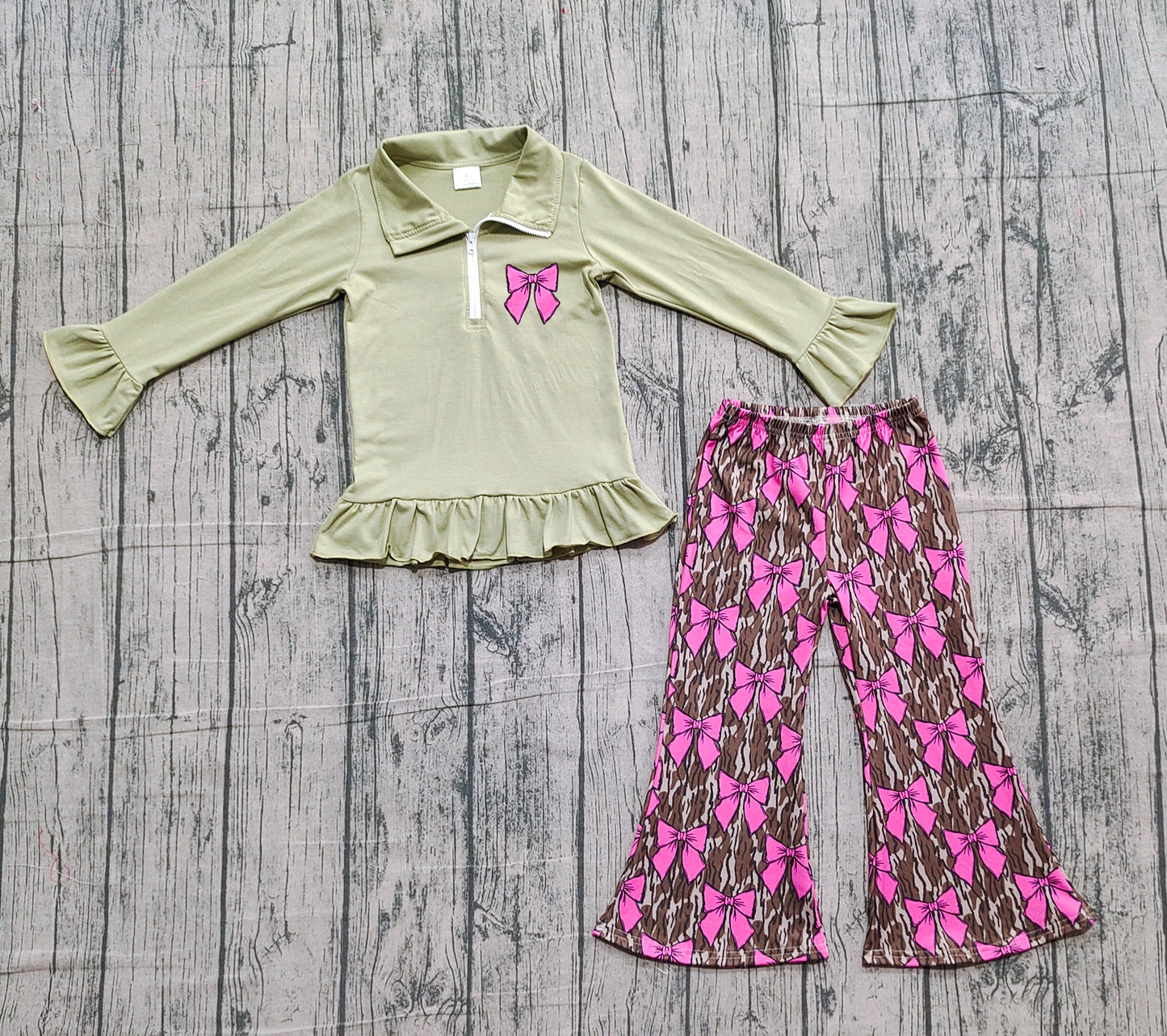 (Pre-order)GLP2936 Zipper Pullover Top Pink Bows Camo Bell Pants Girls Fall Clothes Set