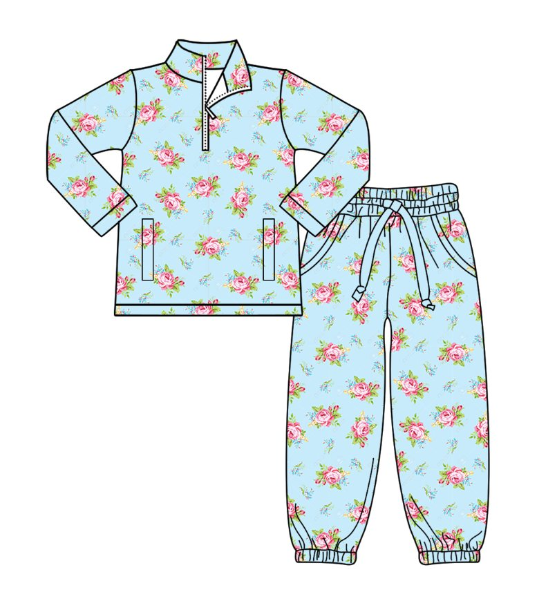 (Pre-order)GLP2939 Flowers Blue Zipper Pullover Top Pockets Pants Girls Yoga Clothes Set