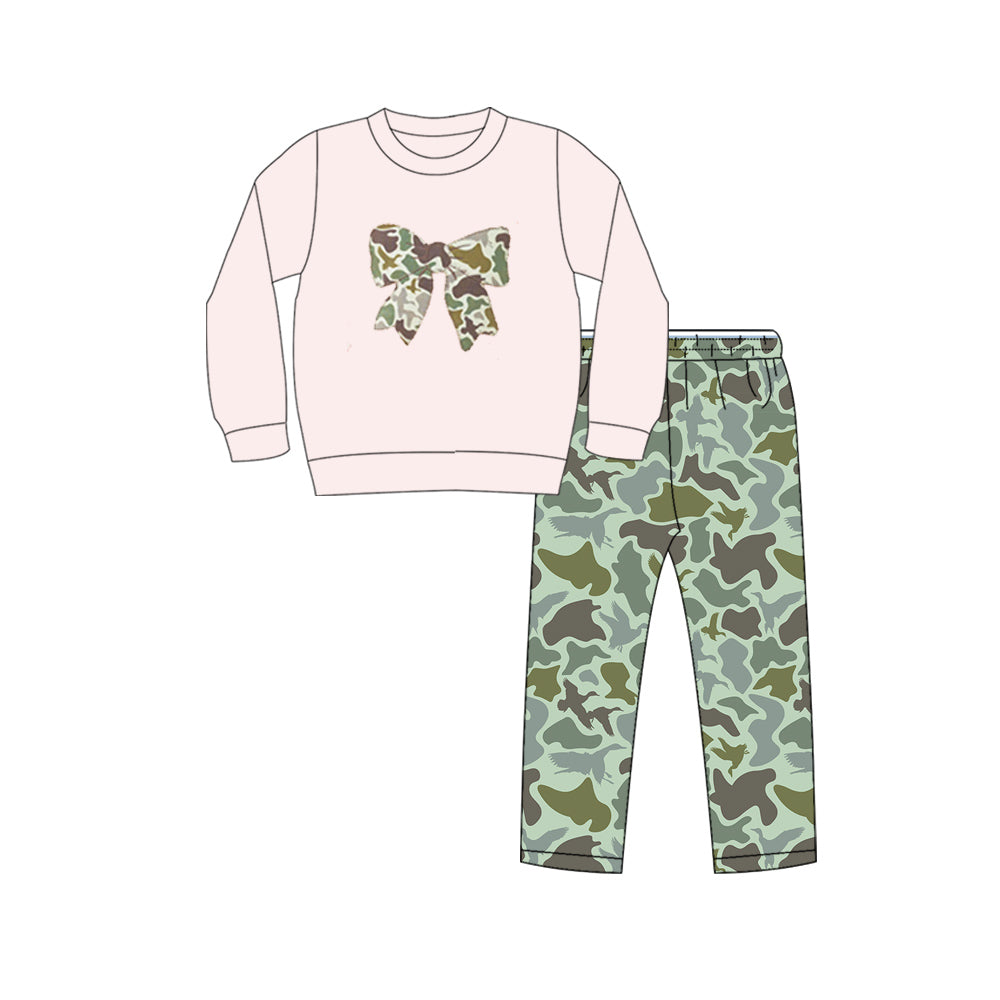 (Pre-order)GLP2945 Bow Pink Top Green Camo Pants Girls Clothes Set
