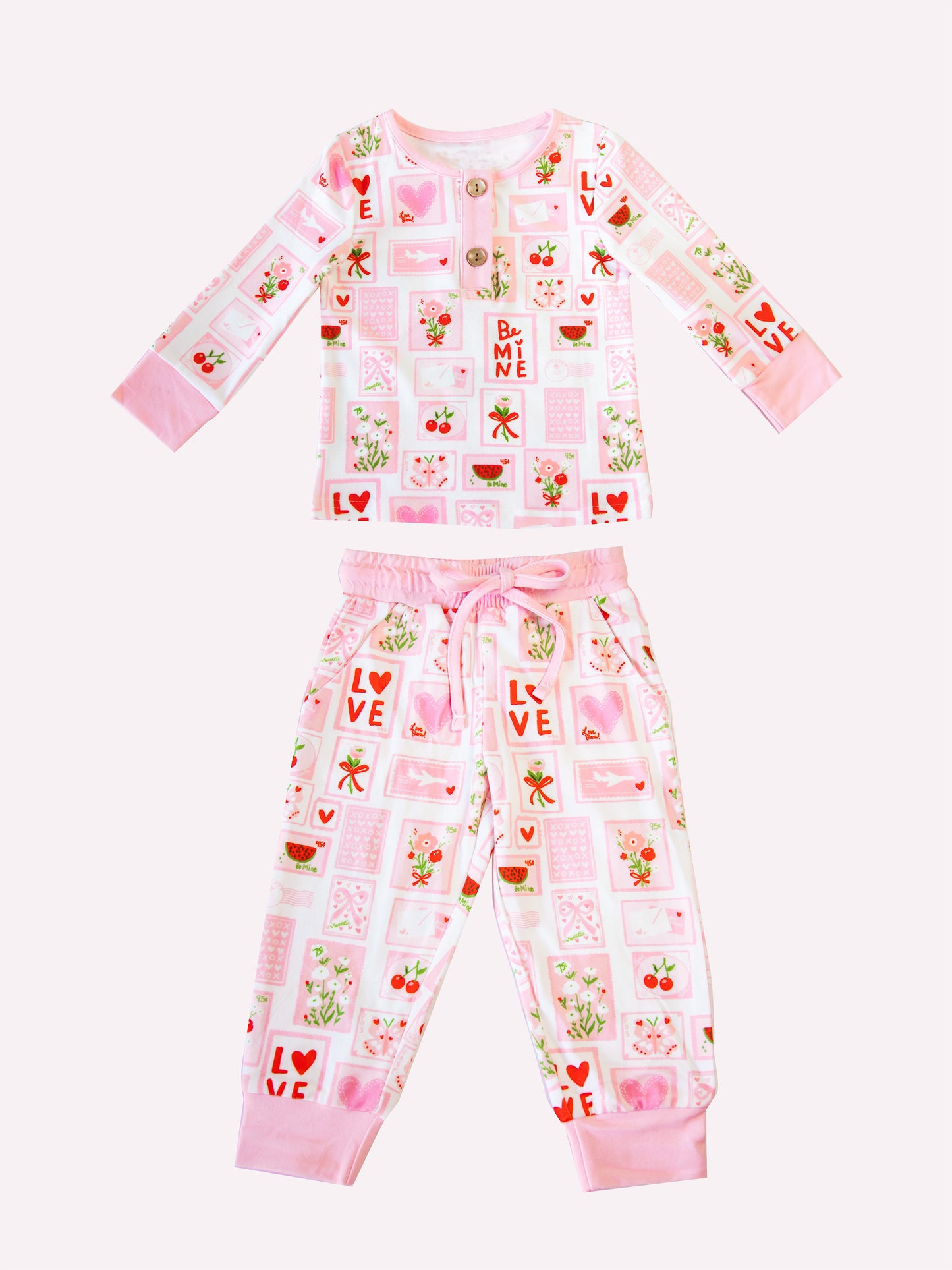(Pre-order)GLP2946 LOVE Flowers Heart Pink Print Girls Valentine's Day Pajamas Clothes Set