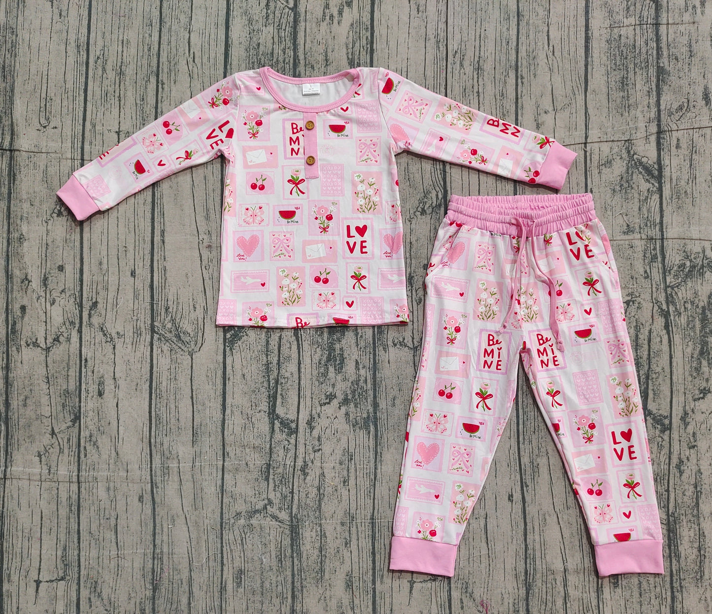 (Pre-order)GLP2946 LOVE Flowers Heart Pink Print Girls Valentine's Day Pajamas Clothes Set