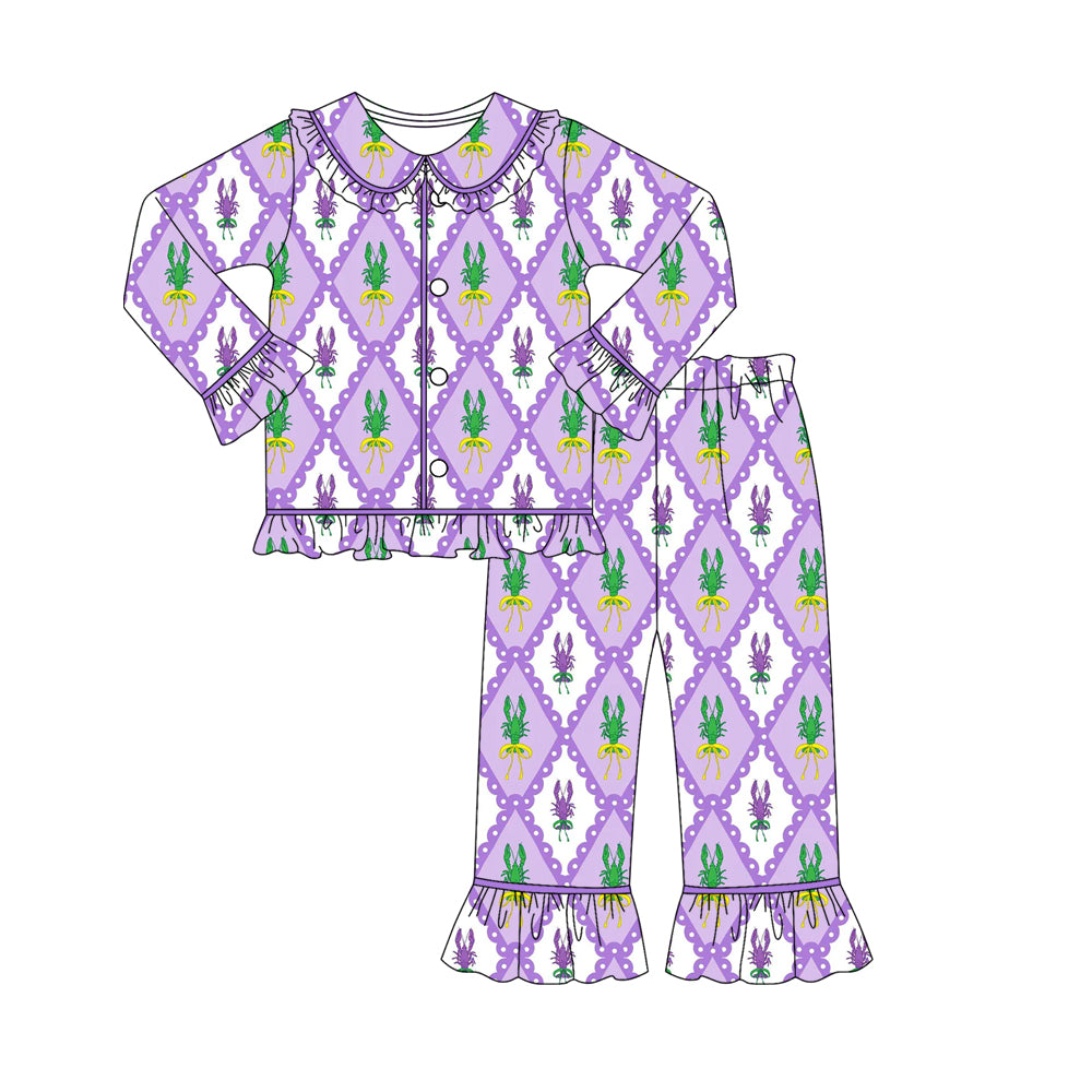 (Pre-order)GLP2947 Crayfish Bows Print Girls Mardi Gras Buttons Pajamas Clothes Set