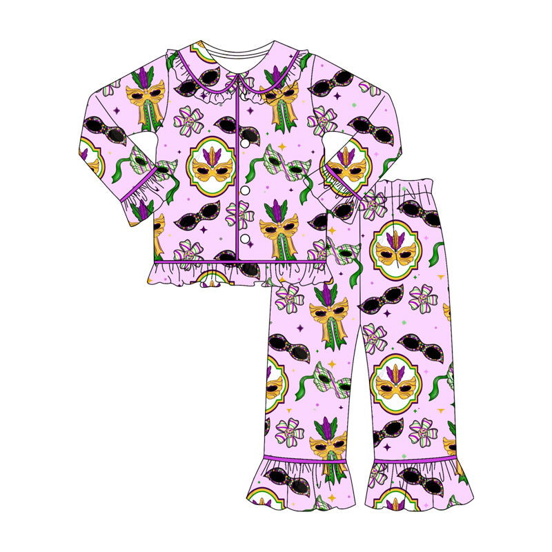 (Pre-order)GLP2949 Mask Print Girls Mardi Gras Buttons Pajamas Clothes Set