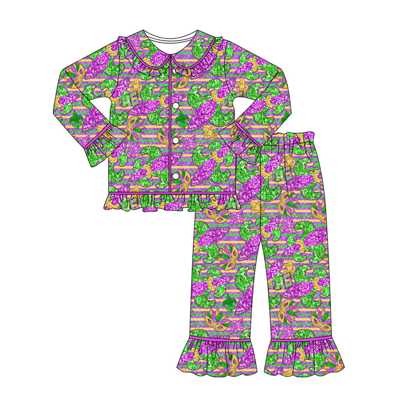 (Pre-order)GLP2950 Mask Anchor Print Girls Mardi Gras Buttons Pajamas Clothes Set