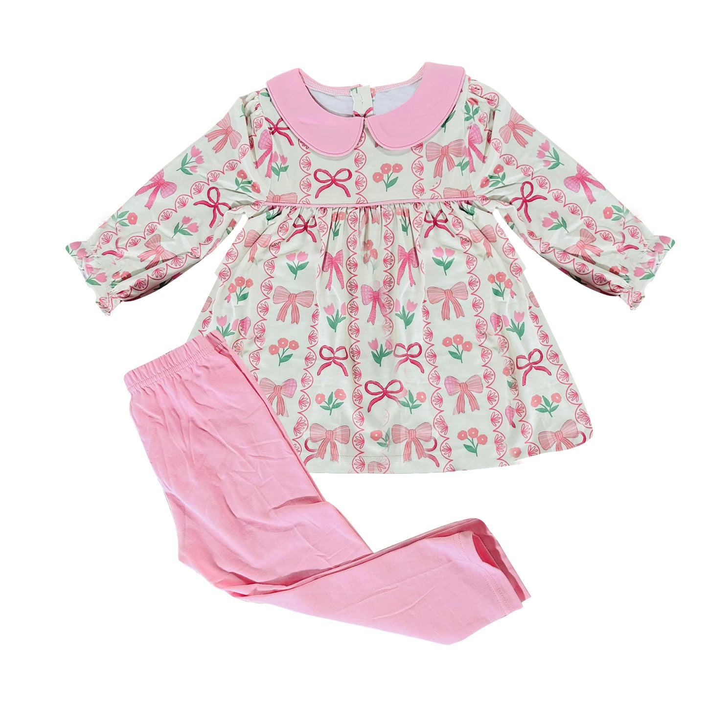(Pre-order)GLP2957 Flowers Bows Tunic Top Pink Pants Girls Clothes Set