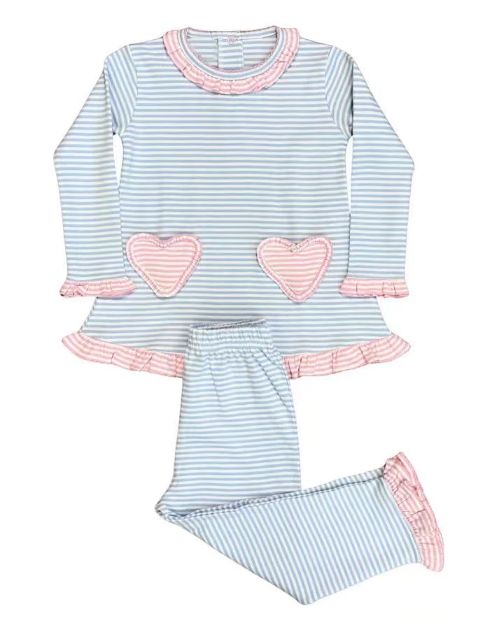 (Pre-order)GLP2958 Heart Stripes Tunic Top Ruffle Pants Girls Valentine's Day Clothes Set