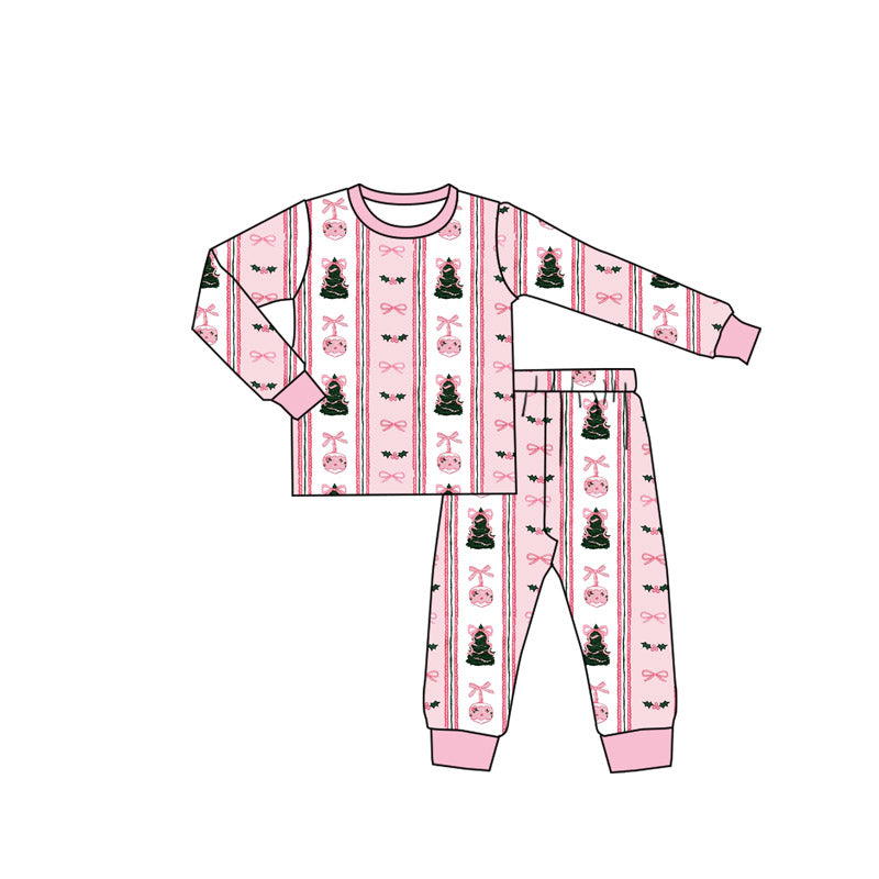 (Pre-order)GLP2961 Holly Bows Tree Pink Print Girls Christmas Pajamas Clothes Set